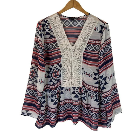 Signature Studio Tribal Blouse XL Sheer Geometric Multi Patterned Crochet Trim - Picture 1 of 7
